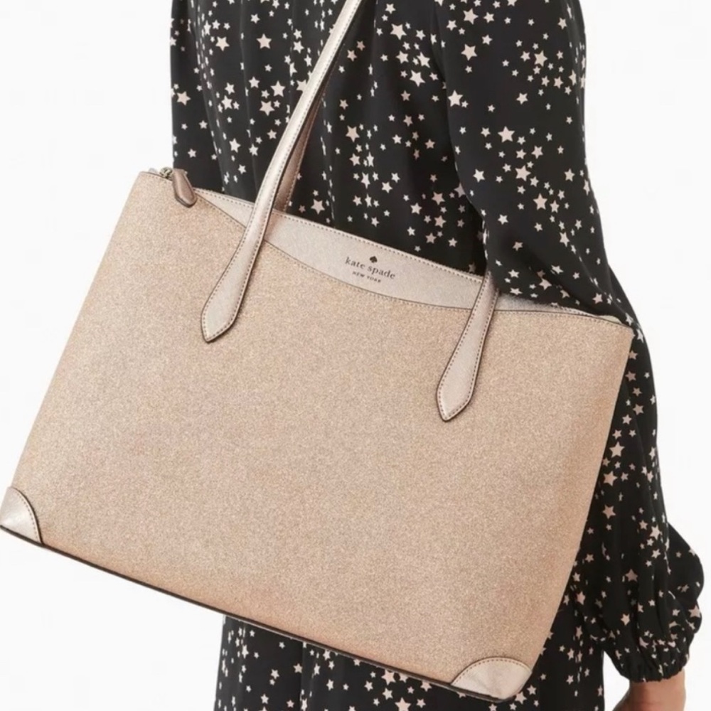 Kate Spade | Metallic Rose Gold Leather & Shimmy Glitter Top Zip Tote